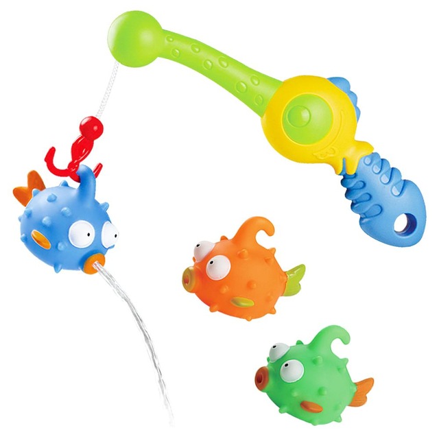 Bath Fishing rod and three colourful water spraying fishes