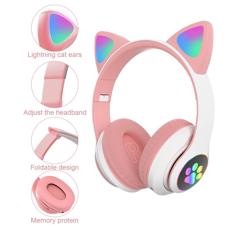 Wireless Bluetooth Headphones, Cat Ear LED Light Up